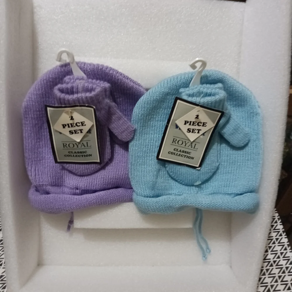 Purple and Blue Baby Hat and Mittens Set